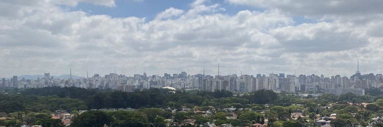 Vista do alto de Moema, com casas arborizadas e o horizonte de prédios