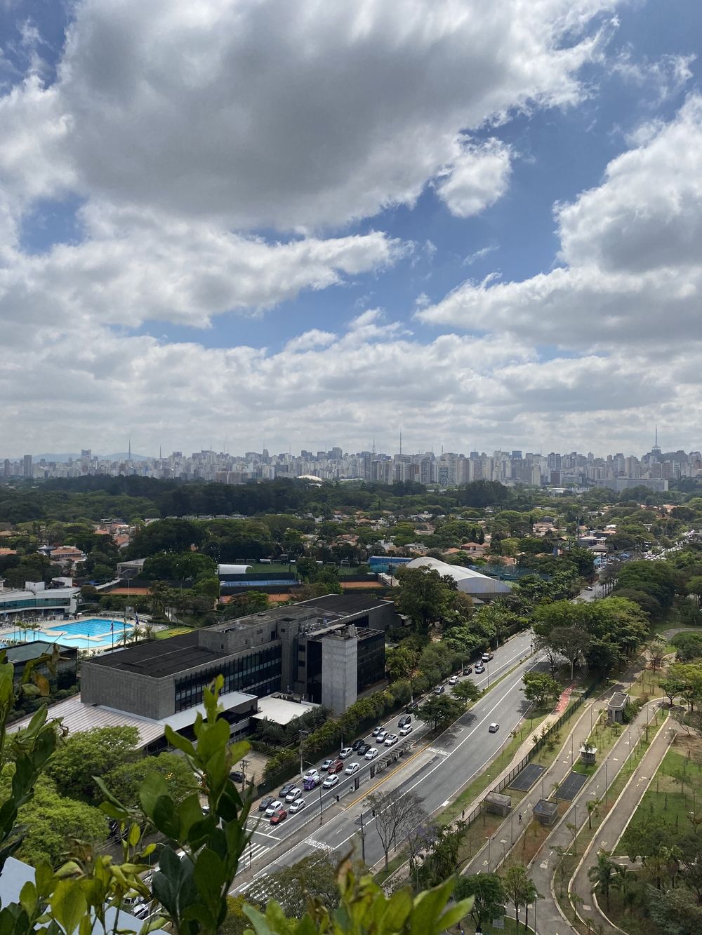 Vista do alto da região de Moema com casas arborizadas em primeiro plano e o horizonte de prédios de São Paulo ao fundo